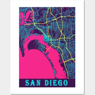 San Diego Neon City Map, San Diego Minimalist City Map Art Print Posters and Art